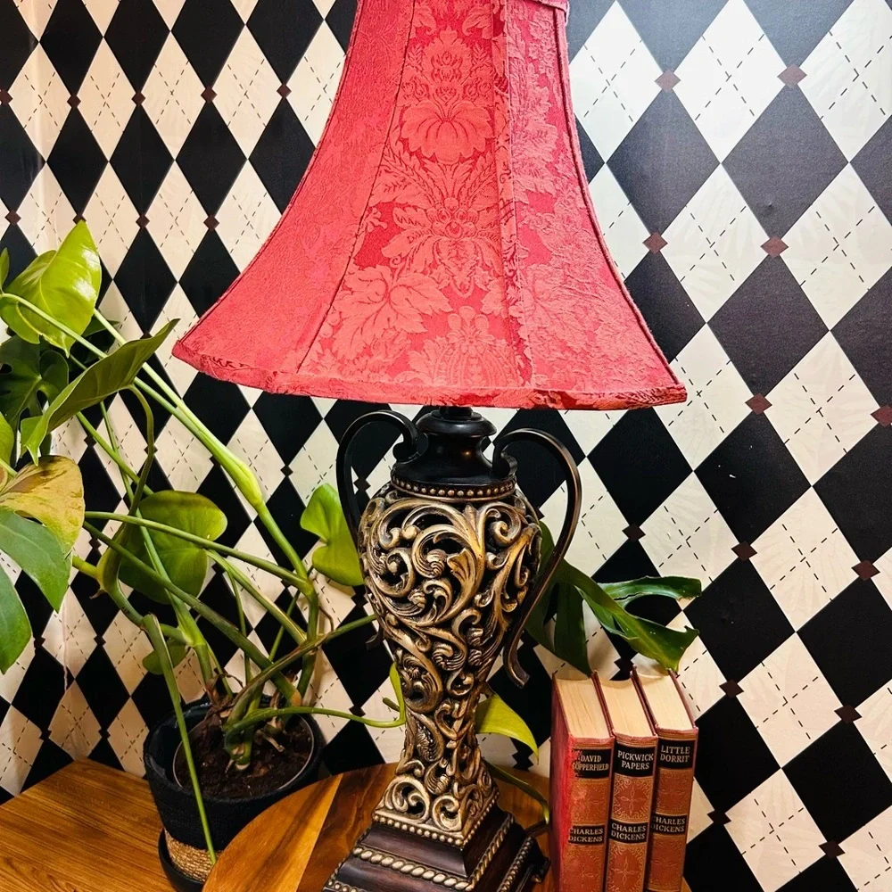 Luxury‎ Vintage Black & Gold Table Lamp with Deep Burgundy Shade Baroque Moody